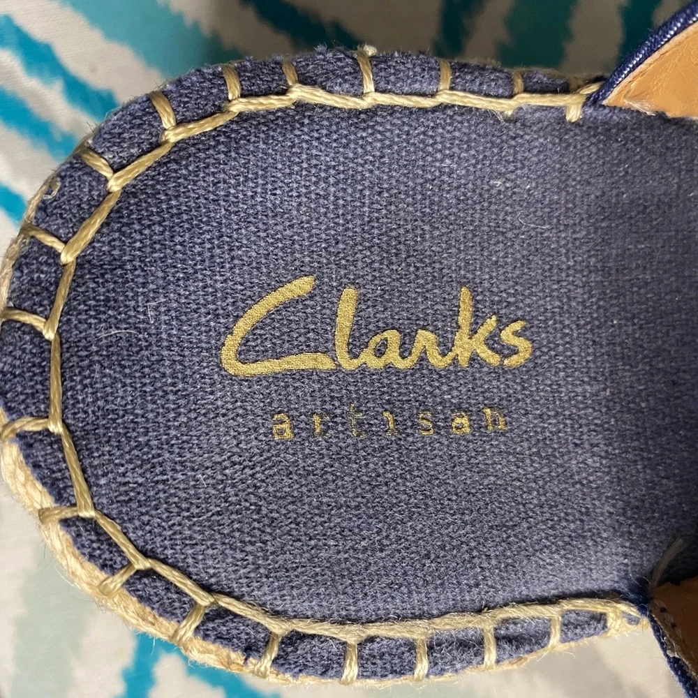 Clarks Blue Polka Dot Espadrille Wedge Sandals Coastal Resort Vacation Sz 8